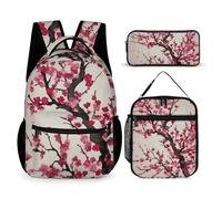 HETVBNS Ensemble de 3 sacs à dos en fleurs motif cerisier - Sac à dos durable isotherme - Trousse à crayons portable pour homme et femme