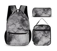 HETVBNS Ensemble de 3 sacs à dos en marbre noir clair, sac à dos isotherme, trousse à crayons portable pour homme et femme