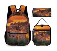 HETVBNS Ensemble de 3 sacs à dos italiens avec motif coucher de soleil - Sac à déjeuner isotherme et portable - Pour homme et femme