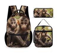 HETVBNS Ensemble de 3 sacs à dos mignons petits singes, sac à dos durable, sac à déjeuner isotherme, trousse à crayons portable pour homme et femme