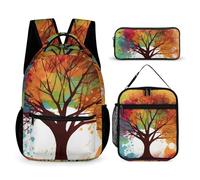 HETVBNS Ensemble de 3 sacs à dos motif arbre coloré, sac à dos durable, sac à déjeuner isotherme, trousse à crayons portable pour homme et femme