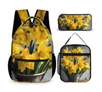 HETVBNS Ensemble de 3 sacs à dos motif bouquet de jonquilles - Sac à dos isotherme durable - Trousse à crayons portable pour homme et femme