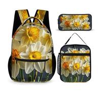 HETVBNS Ensemble de 3 sacs à dos motif bouquet de jonquilles - Sac à dos isotherme durable - Trousse à crayons portable pour homme et femme