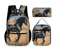 HETVBNS Ensemble de 3 sacs à dos motif cheval arabe noir, sac à dos isotherme, trousse à crayons portable pour homme et femme