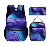 HETVBNS Ensemble de 3 sacs à dos ondulés violets, sac à dos isotherme durable, trousse à crayons portable pour homme et femme