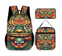 HETVBNS Ensemble de 3 sacs à dos pour le Nouvel An, motif lion chinois, sac à déjeuner isotherme, trousse portable pour homme et femme