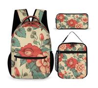 HETVBNS Ensemble de 3 sacs à dos rétro avec motif floral - Sac à déjeuner isotherme et portable - Pour homme et femme