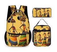 HETVBNS Ensemble de sac à dos créatif de culture africaine 3 pièces, sac à dos durable, sac à déjeuner isotherme, trousse portable pour homme et femme