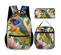 HETVBNS Ensemble sac à dos 3 pièces, motif fleurs et oiseaux, sac à déjeuner isotherme, trousse portable pour homme et femme