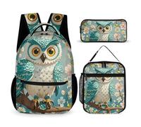 HETVBNS Ensemble sac à dos 3 pièces motif hibou et fleurs de printemps, sac à dos durable, sac à déjeuner isotherme, trousse à crayons portable pour homme et femme