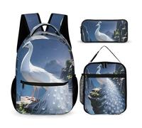 HETVBNS Ensemble sac à dos 3 pièces, motif paon blanc et lune, sac à dos isotherme durable, trousse à crayons portable pour homme et femme