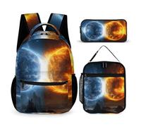 HETVBNS Ensemble sac à dos 3 pièces, motif planètes du feu et de l'eau, sac à déjeuner isotherme, trousse à crayons portable pour homme et femme