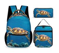 HETVBNS Ensemble sac à dos 3 pièces, motif tortues de mer, sac à dos durable, sac à déjeuner isotherme, trousse à crayons portable pour homme et femme