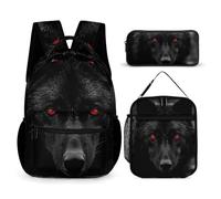 HETVBNS Ensemble sac à dos 3 pièces, sac à dos isotherme durable avec motif loup aux yeux rouges et noir, trousse à crayons portable pour homme et femme