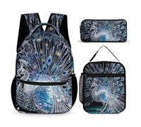 HETVBNS Ensemble sac à dos 3 pièces, sac à dos isotherme durable, trousse à crayons portable pour homme et femme Motif paon