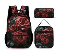 HETVBNS Ensemble sac à dos 3 pièces, sac à dos isotherme durable, trousse à crayons portable pour homme et femme Motif rose rouge et noir