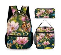 HETVBNS Ensemble sac à dos 3 pièces, sac à dos isotherme durable, trousse à crayons portable pour homme et femme Motif papillons et fleurs