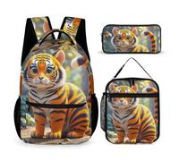 HETVBNS Ensemble sac à dos 3 pièces, sac à dos isotherme durable, trousse à crayons portable pour homme et femme Motif rayures Orange