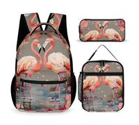 HETVBNS Ensemble sac à dos 3 pièces, sac à dos isotherme durable, trousse à crayons portable pour homme et femme Motif flamants roses et fleurs