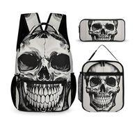 HETVBNS Ensemble sac à dos 3 pièces, sac à dos isotherme durable, trousse à crayons portable pour homme et femme Motif tête de mort Noir