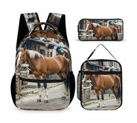 HETVBNS Ensemble sac à dos 3 pièces, sac à dos isotherme durable, trousse à crayons portable pour homme et femme Motif cheval dans la rue