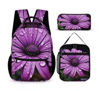 HETVBNS Ensemble sac à dos 3 pièces, sac à dos isotherme durable, trousse à crayons portable pour homme et femme Motif marguerites Violet