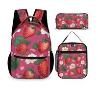 HETVBNS Ensemble sac à dos 3 pièces, sac à dos isotherme durable, trousse à crayons portable pour homme et femme Motif fraise Rose