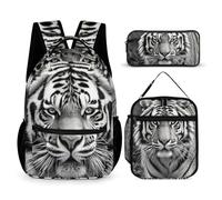 HETVBNS Ensemble sac à dos 3 pièces, sac à dos isotherme durable, trousse à crayons portable pour homme et femme, motif tigre noir et blanc