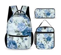 HETVBNS Ensemble sac à dos 3 pièces, sac à dos isotherme durable, trousse à crayons portable pour homme et femme Motif floral Bleu