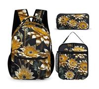 HETVBNS Ensemble sac à dos 3 pièces, sac à dos isotherme durable, trousse à crayons portable pour homme et femme Motif fleurs dorées sur fond noir