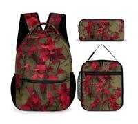 HETVBNS Ensemble sac à dos 3 pièces, sac à dos isotherme durable, trousse à crayons portable pour homme et femme Motif fleurs rouges