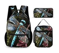 HETVBNS Ensemble sac à dos 3 pièces, sac à dos isotherme durable, trousse à crayons portable pour homme et femme Motif libellule bleue