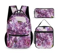 HETVBNS Ensemble sac à dos 3 pièces, sac à dos isotherme durable, trousse à crayons portable pour homme et femme Motif fleurs lilas