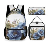 HETVBNS Ensemble sac à dos 3 pièces, sac à dos isotherme durable, trousse à crayons portable pour homme et femme Motif fleurs bleues et libellule