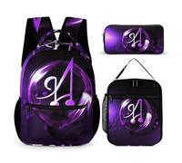 HETVBNS Ensemble sac à dos 3 pièces, sac à dos isotherme durable, trousse à crayons portable pour homme et femme Motif symbole de musique violet