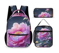 HETVBNS Ensemble sac à dos pivoine 3 pièces, sac à dos isotherme durable, trousse à crayons portable pour homme et femme