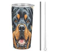 HETVBNS Gobelet en acier inoxydable de 591 ml avec paille et couvercle, tasse à café isotherme sous vide, étanche pour voiture (Cool Rottweiler Dog Art)