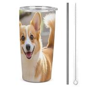 HETVBNS Gobelet en acier inoxydable de 591 ml avec paille et couvercle, tasse à café isotherme sous vide Playful Corgi, tasse de voyage étanche pour voiture
