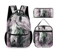 HETVBNS Green Horse Ensemble de 3 sacs à dos durables isothermes et trousse à crayons portable pour homme et femme