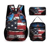 HETVBNS Lot de 3 sacs à dos avec motif drapeau et étoiles, sac à déjeuner isotherme et trousse portable pour homme et femme