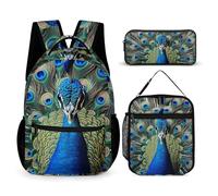 HETVBNS Lot de 3 sacs à dos colorés avec plumes de paon - Sac à dos isotherme durable - Trousse à crayons portable pour homme et femme