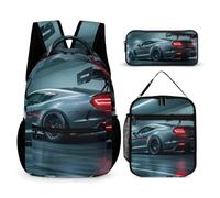 HETVBNS Lot de 3 sacs à dos de luxe en forme de voiture de sport, sac à déjeuner isotherme, trousse à crayons portable pour homme et femme