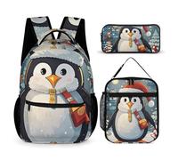 HETVBNS Lot de 3 sacs à dos de Noël avec pingouin amusant et durable, isotherme, trousse à crayons portable pour homme et femme