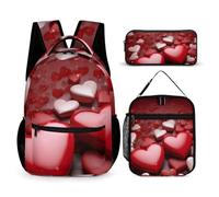 HETVBNS Lot de 3 sacs à dos de Saint-Valentin avec motif cœurs - Sac à déjeuner isotherme et portable - Pour homme et femme