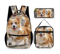 HETVBNS Playful Corgi Ensemble de 3 sacs à dos durables isothermes et trousse à crayons portable pour homme et femme