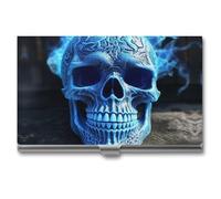 HETVBNS Porte-cartes de visite en métal avec impression 3D - Motif tête de mort bleue - Pour homme ou femme - Impression 3D - Tête de mort bleue - 9,4 x 5,6 cm, Impression 3D tête de mort bleue., 3.7