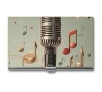 HETVBNS Porte-cartes de visite en métal avec microphone et notes de musique, organiseur de cartes de crédit, cartes d'identité, pour homme ou femme, microphone avec note de musique, Microphone avec