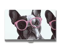 HETVBNS Porte-cartes de visite en métal avec motif bouledogue français, lunettes de crédit, porte-cartes de crédit, carte d'identité, pour homme ou femme, bouledogue français, rose, Lunettes