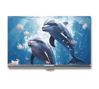 HETVBNS Porte-cartes de visite en métal avec motif dauphins amoureux - Organiseur de cartes de crédit, cartes d'identité, pour homme ou femme, motif dauphins amoureux, 9,4 x 5,6 x 0,3 cm, Dauphins