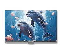 HETVBNS Porte-cartes de visite en métal avec motif dauphins amoureux - Organiseur de cartes de crédit, cartes d'identité, pour homme ou femme, motif dauphins amoureux, 9,4 x 5,6 x 0,3 cm, Dauphins